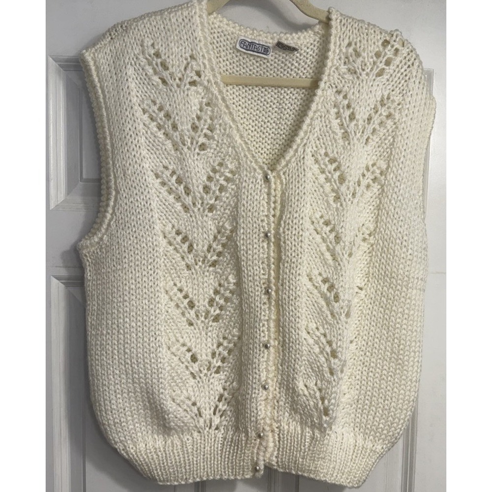 Vintage Cream Open Knit Cardigan‎ eyelet XL 80s 90s Faux Pearl Buttons Vest
